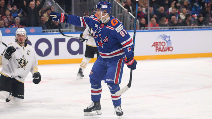 Ivan Demidov (91) SKA Hockey Club seen in action during the...