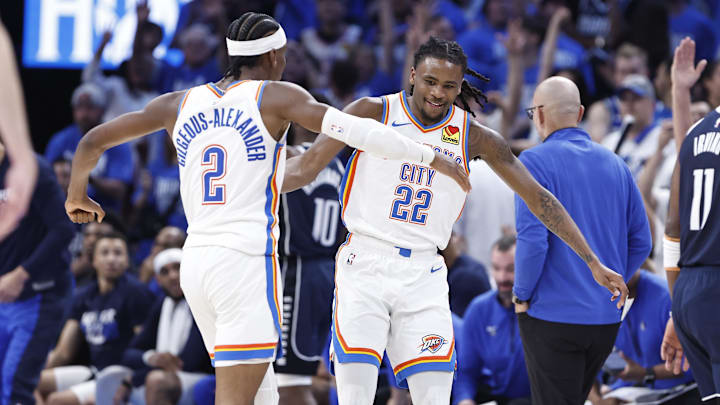 Oklahoma City Thunder guard Cason Wallace (22) celebrates.