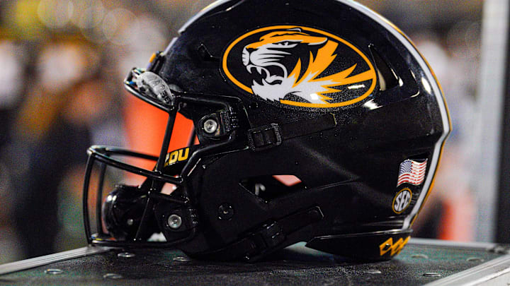 Aug 29, 2024; Columbia, Missouri, USA; A general view of a Missouri Tigers helmet during the first half of the game against the Murray State Racers at Faurot Field at Memorial Stadium. Mandatory Credit: Denny Medley-Imagn Images