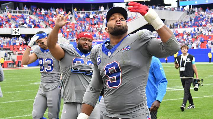 Buffalo Bills linebacker Bradley Chubb (9) and defensive back Te'cory Couch (33) react after the game against the Los Angeles Chargers at New Highmark Stadium. Mandatory Credit: Mark Konezny-Imagn Images Buffalo Bills linebacker Bradley Chubb (9) and defensive back Te'cory Couch (33) react after the game against the Los Angeles Chargers at New Highmark Stadium. Mandatory Credit: Mark Konezny-Imagn Images