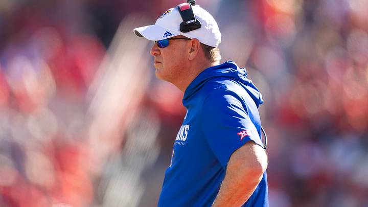 Nov 8, 2025; Tucson, Arizona, USA; Kansas Jayhawks head coach Lance Leipold against the Arizona Wildcats at Arizona Stadium. Mandatory Credit: Mark J. Rebilas-Imagn Images Nov 8, 2025; Tucson, Arizona, USA; Kansas Jayhawks head coach Lance Leipold against the Arizona Wildcats at Arizona Stadium. Mandatory Credit: Mark J. Rebilas-Imagn Images