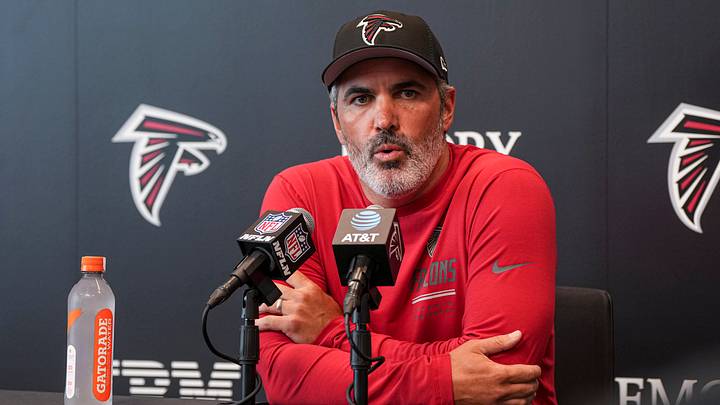Jul 29, 2026; Atlanta, Falcons, USA; Atlanta Falcons head coach Kevin Stefanski addresses the media prior to the start of training camp at IBM Performance Field. Mandatory Credit: Dale Zanine-Imagn Images
