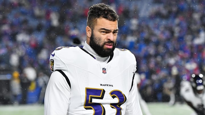 Baltimore Ravens linebacker Kyle Van Noy looks on against the Buffalo Bills in a 2025 AFC divisional round game.
