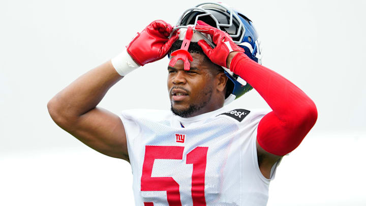 New York Giants linebacker Abdul Carter (51) is shown as he pauses from practice, Sunday, July 27, 2025, in East Rutherford.