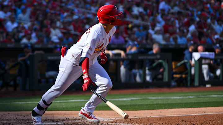 Mar 26, 2026; St. Louis, Missouri, USA; St. Louis Cardinals second baseman JJ Wetherholt (26) hits a solo home run for his first major league hit during his major league debut in the third inning against the Tampa Bay Rays at Busch Stadium. Mandatory Credit: Jeff Curry-Imagn Images Mar 26, 2026; St. Louis, Missouri, USA; St. Louis Cardinals second baseman JJ Wetherholt (26) hits a solo home run for his first major league hit during his major league debut in the third inning against the Tampa Bay Rays at Busch Stadium. Mandatory Credit: Jeff Curry-Imagn Images