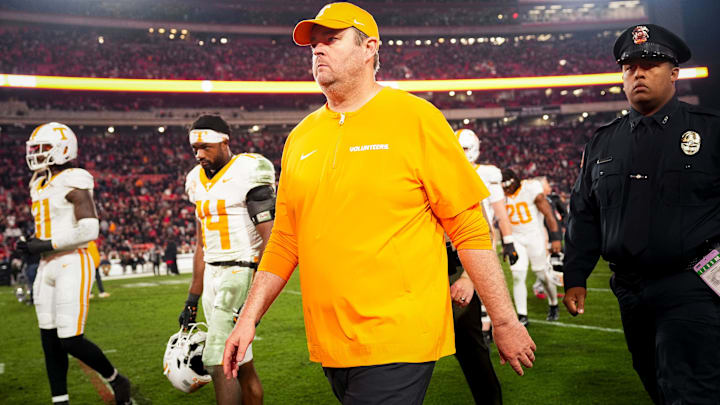 Tennessee head coach Josh Heupel walks off the field after a college football game between Tennessee and Georgia at Sanford Stadium in Athens, Ga., on Saturday, November 16, 2024.