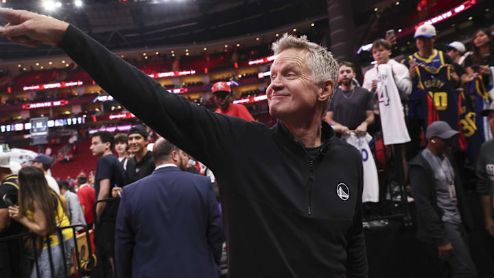 May 4, 2025; Houston, Texas, USA; Golden State Warriors head coach Steve Kerr walks off the court after game seven of the first round for the 2025 NBA Playoffs against the Houston Rockets at Toyota Center. Mandatory Credit: Troy Taormina-Imagn Images