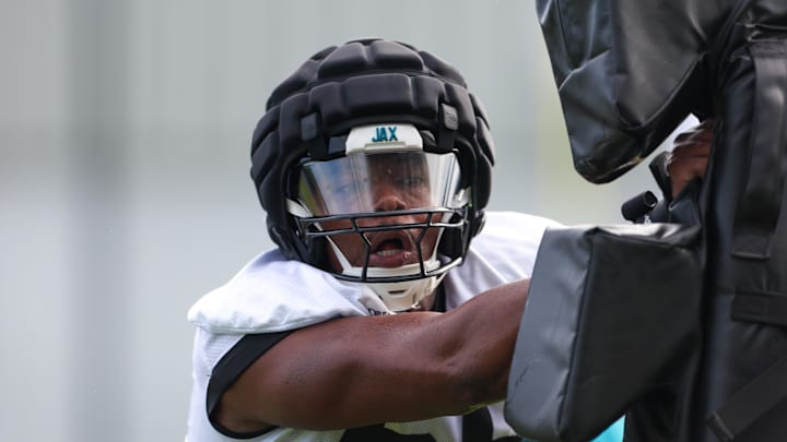 Jul 26, 2024; Jacksonville, FL, USA; Jacksonville Jaguars linebacker Myles Cole (59) participates in training camp at Miller Electric Center. 