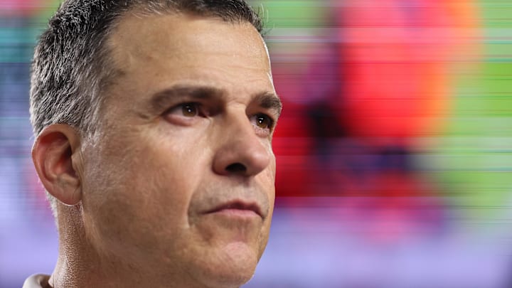 Oct 26, 2024; Miami Gardens, Florida, USA; Miami Hurricanes head coach Mario Cristobal looks on after the game against the Florida State Seminoles at Hard Rock Stadium. Mandatory Credit: Sam Navarro-Imagn Images