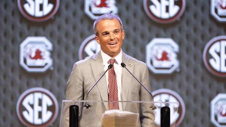 Jul 15, 2024; Dallas, TX, USA; South Carolina head coach Shane Beamer speaking to the media at Omni Dallas Hotel. Mandatory Credit: Brett Patzke-Imagn Images