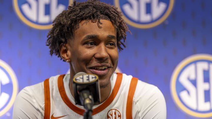 Texas Longhorns guard Dailyn Swain talks with the media during SEC Media Days at Grand Bohemian Hotel.