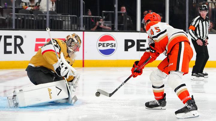 May 12, 2026; Las Vegas, Nevada, USA; Anaheim Ducks right wing Beckett Sennecke (45) shoots against Vegas Golden Knights goaltender Carter Hart (79) during the second period of game five of the second round of the 2026 Stanley Cup Playoffs at T-Mobile Arena. Mandatory Credit: Stephen R. Sylvanie-Imagn Images May 12, 2026; Las Vegas, Nevada, USA; Anaheim Ducks right wing Beckett Sennecke (45) shoots against Vegas Golden Knights goaltender Carter Hart (79) during the second period of game five of the second round of the 2026 Stanley Cup Playoffs at T-Mobile Arena. Mandatory Credit: Stephen R. Sylvanie-Imagn Images