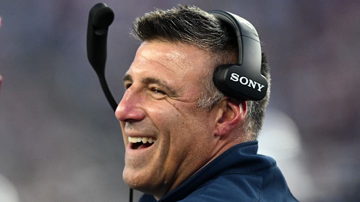 Aug 8, 2025; Foxborough, Massachusetts, USA; New England Patriots head coach Mike Vrabel reacts before a game against the Washington Commanders at Gillette Stadium. Mandatory Credit: Brian Fluharty-Imagn Images