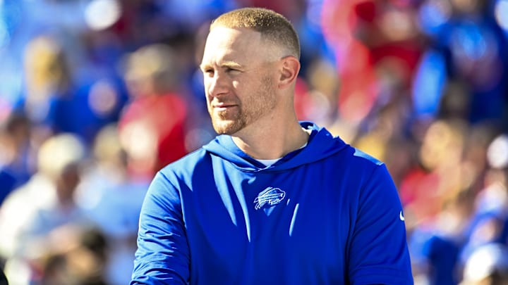 Oct 20, 2024; Orchard Park, New York, USA; Buffalo Bills offensive coordinator Joe Brady on th field before a game against the Tennessee Titans at Highmark Stadium. Mandatory Credit: Mark Konezny-Imagn Images