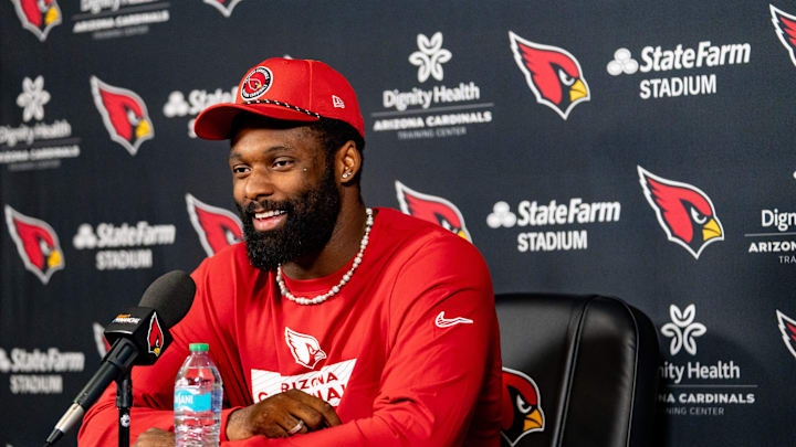Josh Sweat speaks to members of the media at the Arizona Cardinals Training Center in Tempe on March 13, 2025.