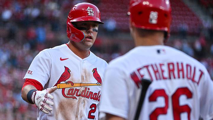 Jun 22, 2026; St. Louis, Missouri, USA; St. Louis Cardinals left fielder Lars Nootbaar (21) i9s congratulated by second baseman JJ Wetherholt (26) after scoring against the Arizona Diamondbacks during the fourth inning at Busch Stadium. Mandatory Credit: Jeff Curry-Imagn Images