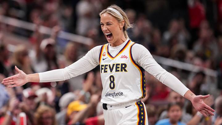 Indiana Fever guard Sophie Cunningham (8) celebrates a 3-pointer Tuesday, June 16, 2026, during the first half of a game at Gainbridge Fieldhouse in Indianapolis. Indiana Fever guard Sophie Cunningham (8) celebrates a 3-pointer Tuesday, June 16, 2026, during the first half of a game at Gainbridge Fieldhouse in Indianapolis.