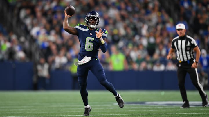 Aug 7, 2025; Seattle, Washington, USA; Seattle Seahawks quarterback Jalen Milroe (6) passes the ball against the Las Vegas Raiders during the second half at Lumen Field. Mandatory Credit: Steven Bisig-Imagn Images Aug 7, 2025; Seattle, Washington, USA; Seattle Seahawks quarterback Jalen Milroe (6) passes the ball against the Las Vegas Raiders during the second half at Lumen Field. Mandatory Credit: Steven Bisig-Imagn Images