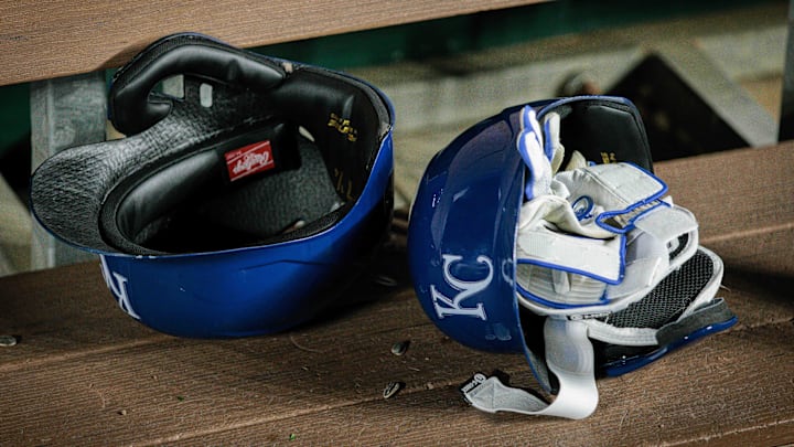 Apr 10, 2024; Kansas City, Missouri, USA; Kansas City Royals batting helmets in the dugout after the game against the Houston Astros at Kauffman Stadium. Mandatory Credit: William Purnell-Imagn Images Apr 10, 2024; Kansas City, Missouri, USA; Kansas City Royals batting helmets in the dugout after the game against the Houston Astros at Kauffman Stadium. Mandatory Credit: William Purnell-Imagn Images