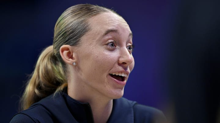 Aug 8, 2025; Arlington, Texas, USA; Dallas Wings guard Paige Bueckers (5) during the game between the Dallas Wings and the New York Liberty at College Park Center.