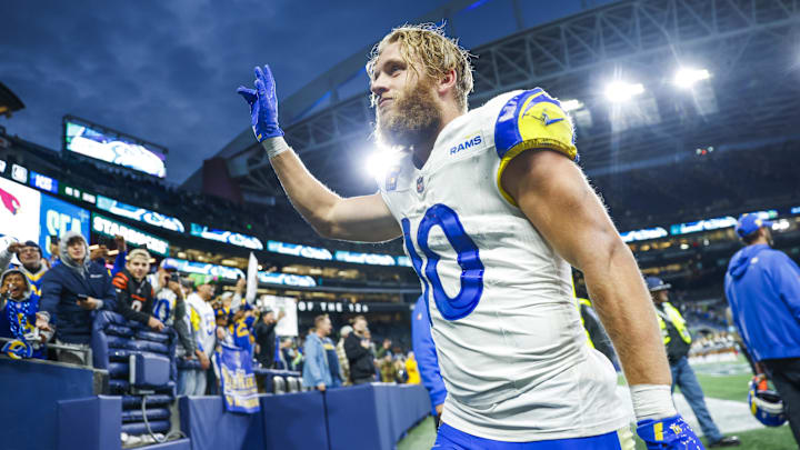 Los Angeles Rams wide receiver Cooper Kupp waves to fans following an overtime victory against the Seattle Seahawks. Los Angeles Rams wide receiver Cooper Kupp waves to fans following an overtime victory against the Seattle Seahawks.