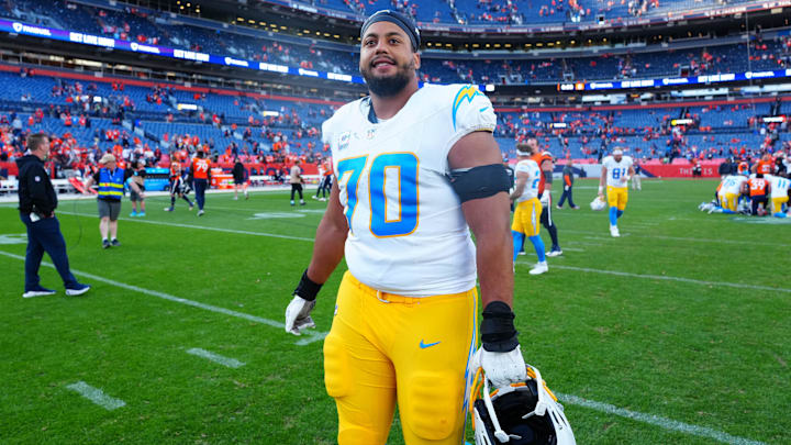 Los Angeles Chargers offensive tackle Rashawn Slater following the win over the Denver Broncos at Empower Field at Mile High. Los Angeles Chargers offensive tackle Rashawn Slater following the win over the Denver Broncos at Empower Field at Mile High.