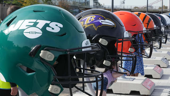 Oct 7, 2023; London, United Kingdom; Large oversized helmets of the New York Jets Baltimore Ravens, Cleveland Browns and Cincinnati Bengals at the NFL Experience London at the Battersea Power Station. Mandatory Credit: Kirby Lee-Imagn Images Oct 7, 2023; London, United Kingdom; Large oversized helmets of the New York Jets Baltimore Ravens, Cleveland Browns and Cincinnati Bengals at the NFL Experience London at the Battersea Power Station. Mandatory Credit: Kirby Lee-Imagn Images