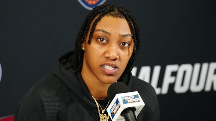 Apr 6, 2024; Cleveland, OH, USA; South Carolina Gamecocks forward Ashlyn Watkins speaks with media during a press conference at Rocket Mortgage FieldHouse. Mandatory Credit: Kirby Lee-Imagn Images