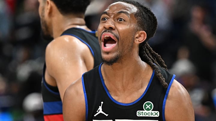 Feb 27, 2026; Detroit, Michigan, USA; Detroit Pistons guard Daniss Jenkins (24) argues a foul call against the Cleveland Cavaliers with an official in overtime at Little Caesars Arena. Feb 27, 2026; Detroit, Michigan, USA; Detroit Pistons guard Daniss Jenkins (24) argues a foul call against the Cleveland Cavaliers with an official in overtime at Little Caesars Arena.