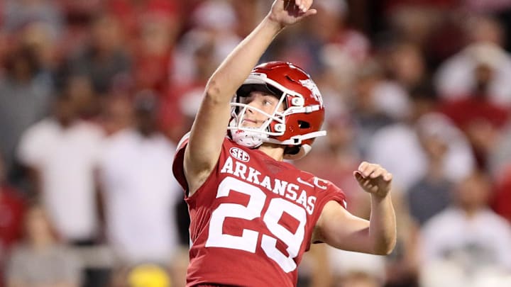 Sep 16, 2023; Fayetteville, Arkansas, USA; Arkansas Razorbacks kicker Cam Little (29) kicks a field
