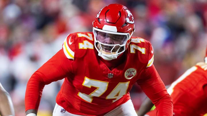 Jan 26, 2025; Kansas City, MO, USA; Kansas City Chiefs offensive tackle Jawaan Taylor (74) against the Buffalo Bills in the AFC Championship game at GEHA Field at Arrowhead Stadium. Mandatory Credit: Mark J. Rebilas-Imagn Images