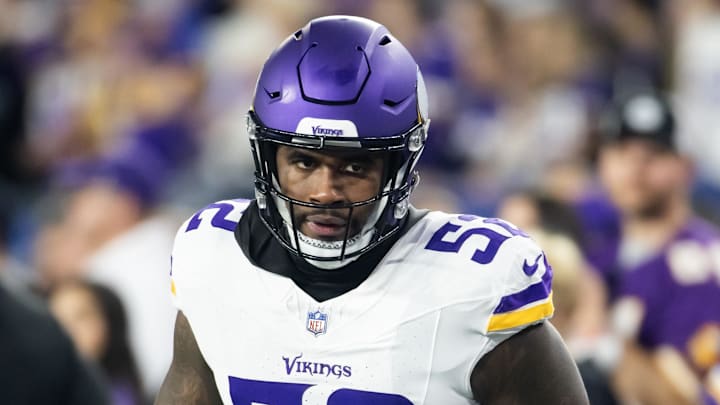 Jan 13, 2025; Glendale, AZ, USA; Minnesota Vikings linebacker Jihad Ward (52) against the Los Angeles Rams during an NFC wild card game at State Farm Stadium. Mandatory Credit: Mark J. Rebilas-Imagn Images Jan 13, 2025; Glendale, AZ, USA; Minnesota Vikings linebacker Jihad Ward (52) against the Los Angeles Rams during an NFC wild card game at State Farm Stadium. Mandatory Credit: Mark J. Rebilas-Imagn Images