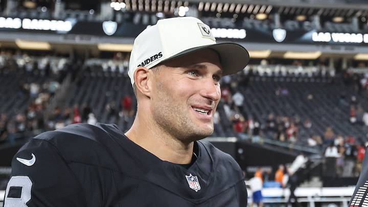 Las Vegas Raiders quarterback Kirk Cousins on the field after a game. Las Vegas Raiders quarterback Kirk Cousins on the field after a game.