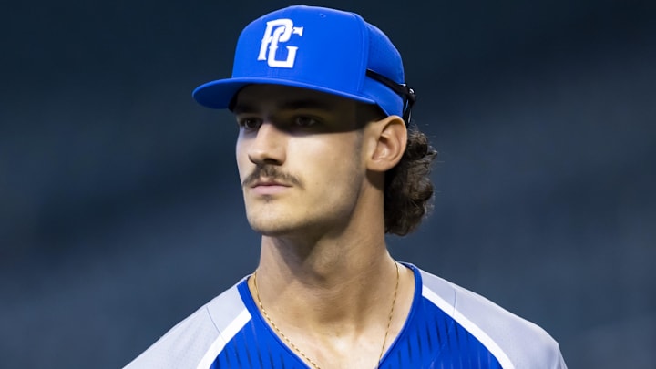 Aug 28, 2022; Phoenix, Arizona, US; East pitcher Bryce Eldridge (38) during the Perfect Game All-American Classic high school baseball game at Chase Field Aug 28, 2022; Phoenix, Arizona, US; East pitcher Bryce Eldridge (38) during the Perfect Game All-American Classic high school baseball game at Chase Field