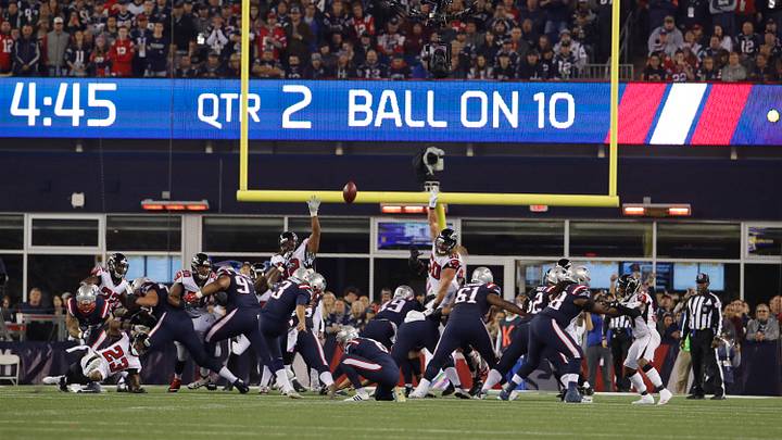 Oct 22, 2017; Foxborough, MA, USA; New England Patriots kicker Stephen Gostkowski (3) kicks for the extra point against the Atlanta Falcons in the second quarter at Gillette Stadium. Mandatory Credit: David Butler II-USA TODAY Sports