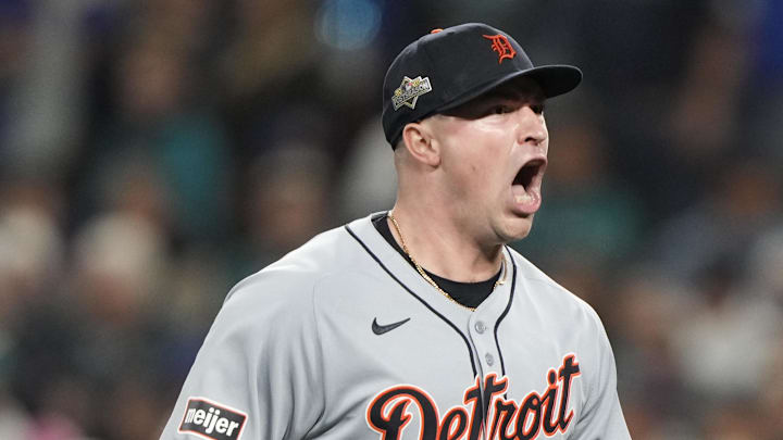 Oct 10, 2025; Seattle, Washington, USA; Detroit Tigers starting pitcher Tarik Skubal (29) reacts after striking out Seattle Mariners catcher Cal Raleigh (not pictured) during the sixth inning during game five of the ALDS round for the 2025 MLB playoffs at T-Mobile Park. 