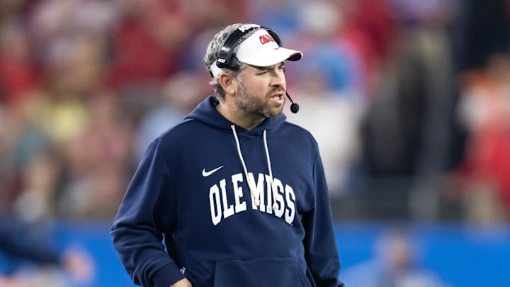 Jan 8, 2026; Glendale, AZ, USA; Mississippi Rebels head coach Pete Golding against the Miami Hurricanes during the 2026 Fiesta Bowl and semifinal game of the College Football Playoff at State Farm Stadium. Mandatory Credit: Mark J. Rebilas-Imagn Images