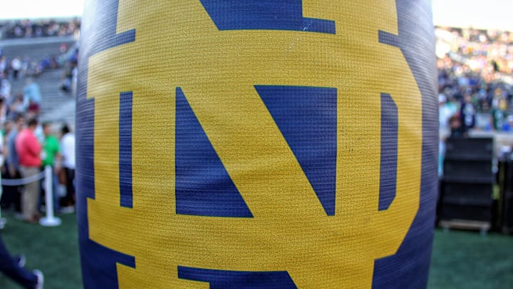 Close up view of Norte Dame logo on goal post prior to a game