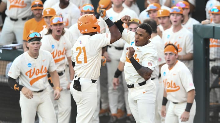 Tennessee's Christian Moore (1) and Kavares Tears (21) celebrate Tears' home run against Southern Miss in the NCAA Baseball Tournament's Knoxville Regional on Sunday, June 2, 2024 in Knoxville, Tenn.