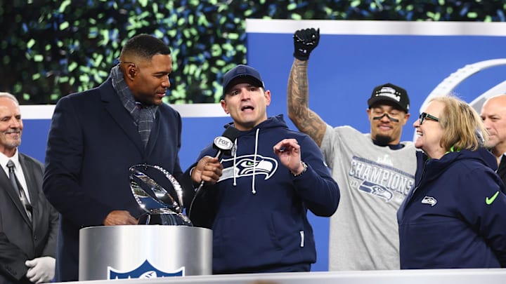 Jan 25, 2026; Seattle, WA, USA; Seattle Seahawks head coach Mike MacDonald speaks on the podium after defeating the Los Angeles Rams in the 2026 NFC Championship Game at Lumen Field. Mandatory Credit: Kevin Ng-Imagn Images Jan 25, 2026; Seattle, WA, USA; Seattle Seahawks head coach Mike MacDonald speaks on the podium after defeating the Los Angeles Rams in the 2026 NFC Championship Game at Lumen Field. Mandatory Credit: Kevin Ng-Imagn Images