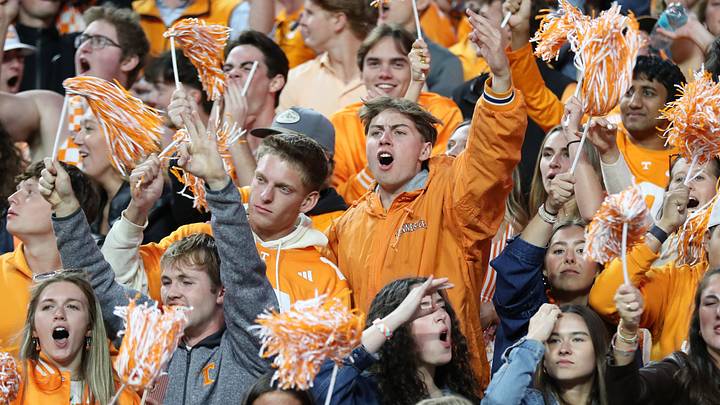 Tennessee Volunteers fans cheer during the second half against the Alabama Crimson Tide at Neyland Stadium. Tennessee Volunteers fans cheer during the second half against the Alabama Crimson Tide at Neyland Stadium.