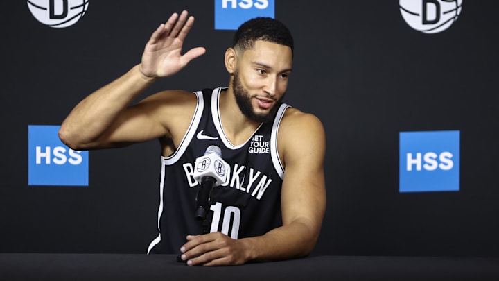 Sep 30, 2024; Brooklyn, NY, USA;  Brooklyn Nets guard Ben Simmons (10) at Brooklyn Nets Media Day at HSS Training Center. Mandatory Credit: Wendell Cruz-Imagn Images