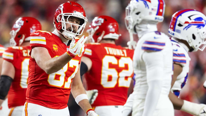 Kansas City Chiefs tight end Travis Kelce (87) reacts against the Buffalo Bills during the AFC Championship game at GEHA Field at Arrowhead Stadium.