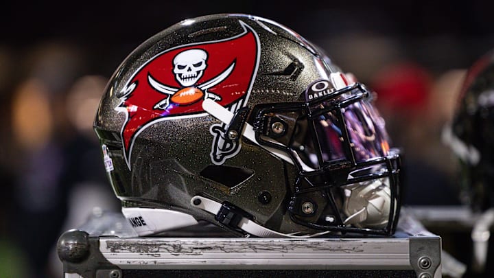 Oct 13, 2024; New Orleans, Louisiana, USA;  Detailed view of the Tampa Bay Buccaneers helmet Mandatory Credit: Stephen Lew-Imagn Images