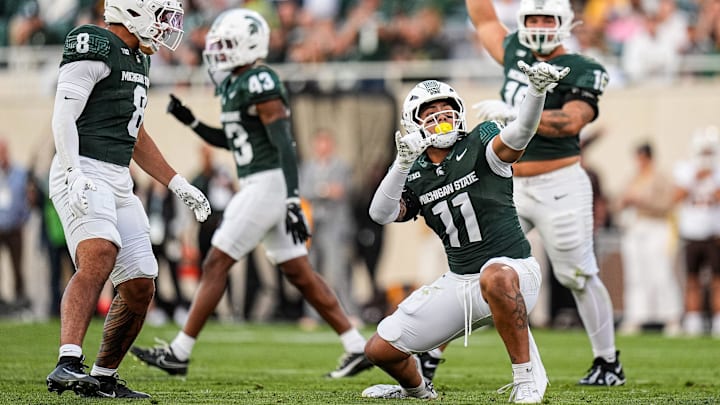 Michigan State edge Anelu Lafaele (11) celebrates a tackles against Western Michigan during the first half at Spartan Stadium in East Lansing on Friday, August 29, 2025.