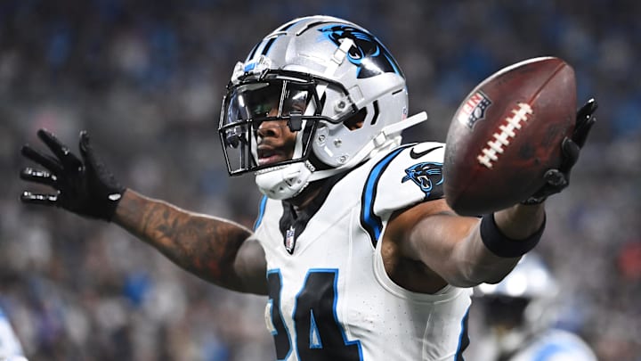 Sep 18, 2023; Charlotte, North Carolina, USA; Carolina Panthers safety Vonn Bell (24) reacts after