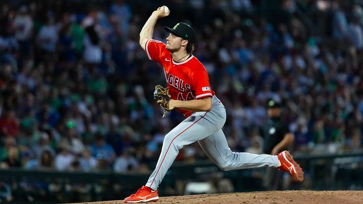 Mar 17, 2026; Mesa, Arizona, USA; Los Angeles Angels pitcher Camden Minacci against the Chicago Cubs during a spring training game at Sloan Park. Mandatory Credit: Mark J. Rebilas-Imagn Images