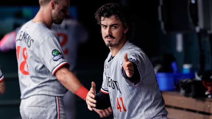 Jul 20, 2025; Denver, Colorado, USA; Minnesota Twins starting pitcher Joe Ryan (41) in the dugout in the seventh inning against the Colorado Rockies at Coors Field. Mandatory Credit: Isaiah J. Downing-Imagn Images