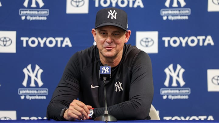 Feb 13, 2025; Tampa, FL, USA; New York Yankees manager Aaron Boone (17) gives a press conference during spring training workouts at George M. Steinbrenner Field. 