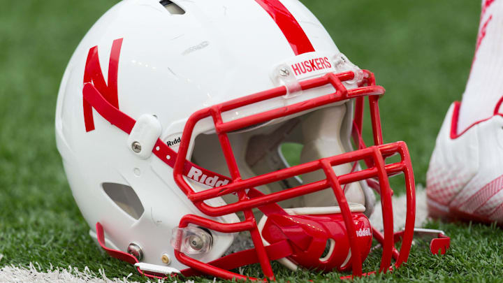Nov 15, 2014; Madison, WI, USA; A Nebraska Cornhuskers helmet sits on the field during warmups prior to the game against the Wisconsin Badgers at Camp Randall Stadium.  Wisconsin won 59-24.  Mandatory Credit: Jeff Hanisch-Imagn Images